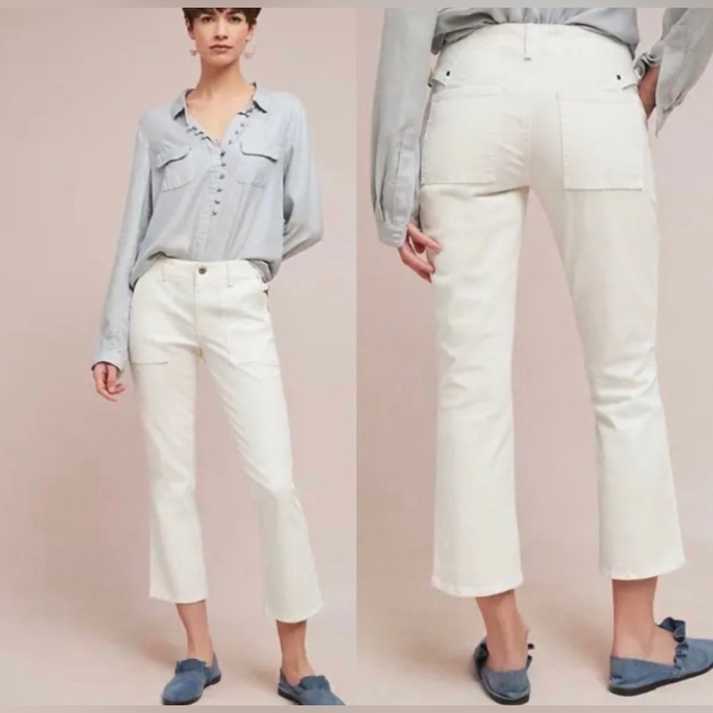 Anthropologie women Cropped Utility Bootcut flare White Pants 25